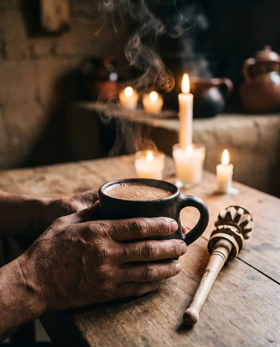 Manos alrededor de un jarro de barro negro con chocolate caliente espumoso, con un molinillo de madera y velas encendidas sobre la mesa