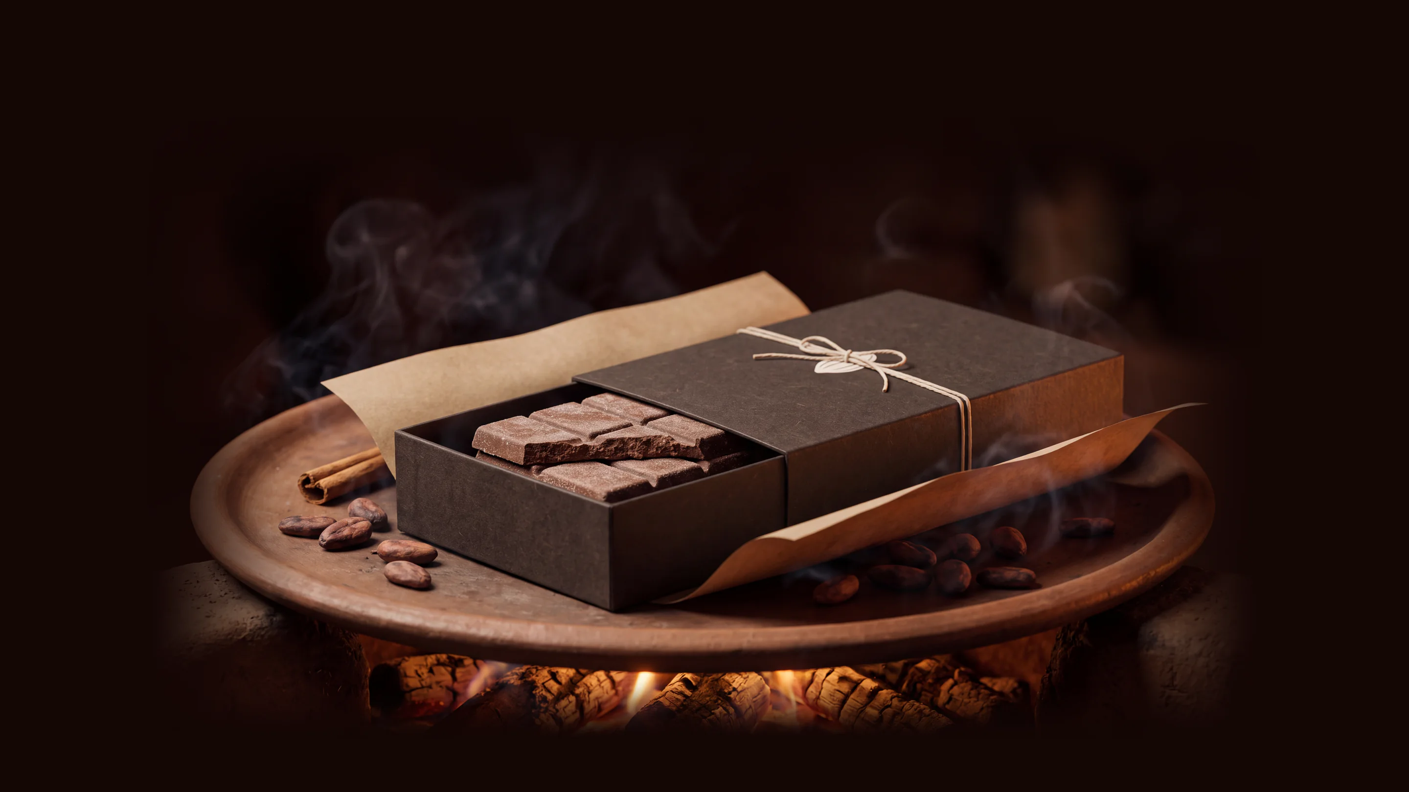 Una caja de cartón kraft oscuro, abierta a medias y atada con cordel, con tablillas de chocolate de metate sobre un comal de barro encima de las brasas