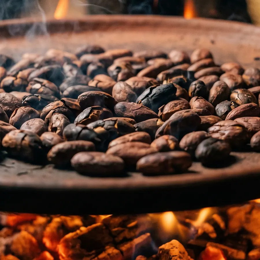 Granos de cacao tostados sobre un comal de barro, en primer plano