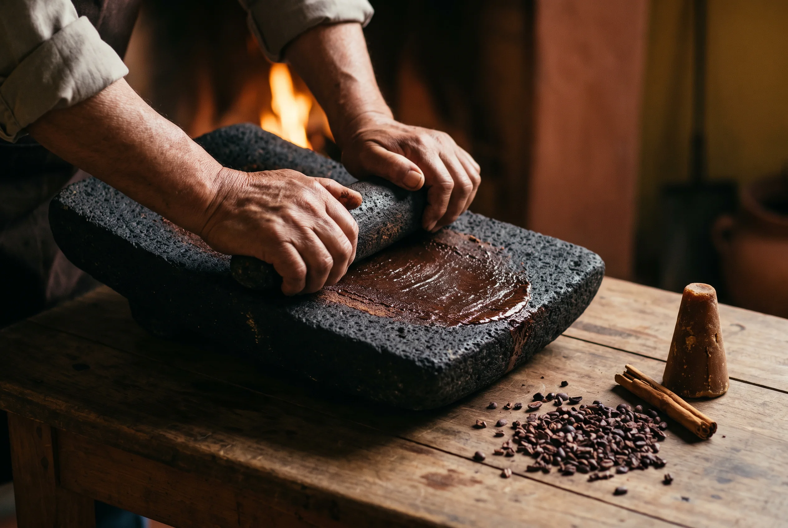 Manos moliendo cacao tostado en un metate de piedra volcánica hasta volverlo pasta, con piloncillo y canela sobre la mesa