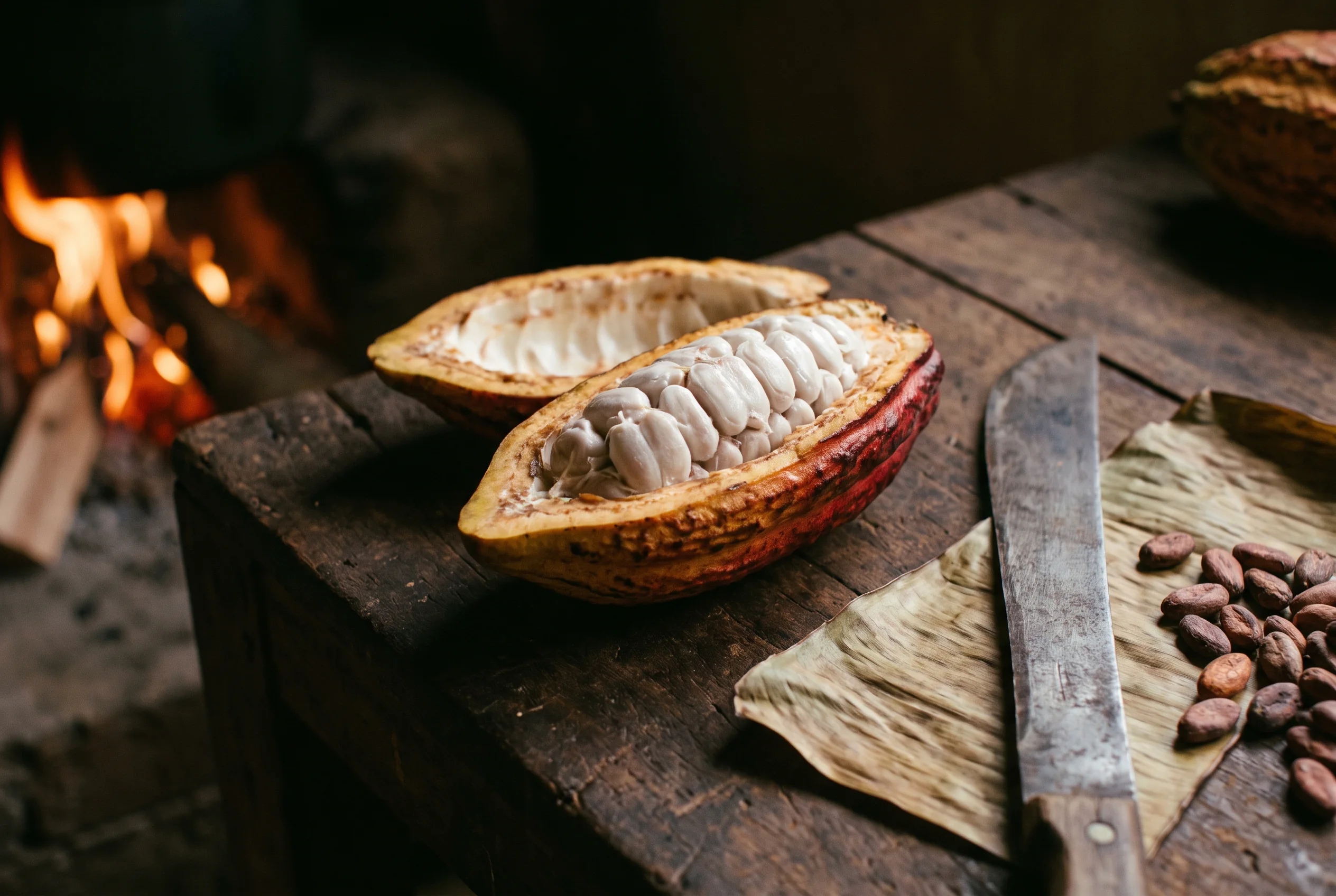Una mazorca de cacao abierta a mano sobre una mesa de madera, con los granos cubiertos de pulpa blanca, junto a un machete y una hoja de plátano