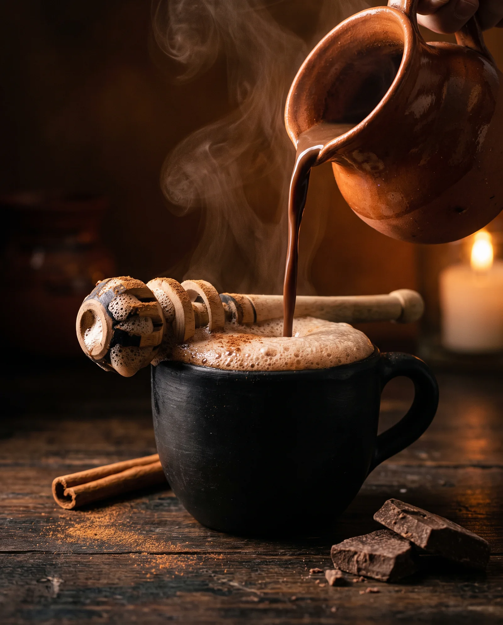 Chocolate caliente que cae de un jarro de barro a una taza de barro negro con espuma gruesa y un molinillo de madera atravesado, con vapor y una vela al fondo