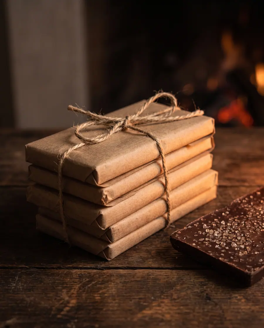 Una pila de tablillas de chocolate envueltas a mano en papel kraft y atadas con cordel, junto a una tablilla sin envolver con granos de azúcar y un fuego al fondo