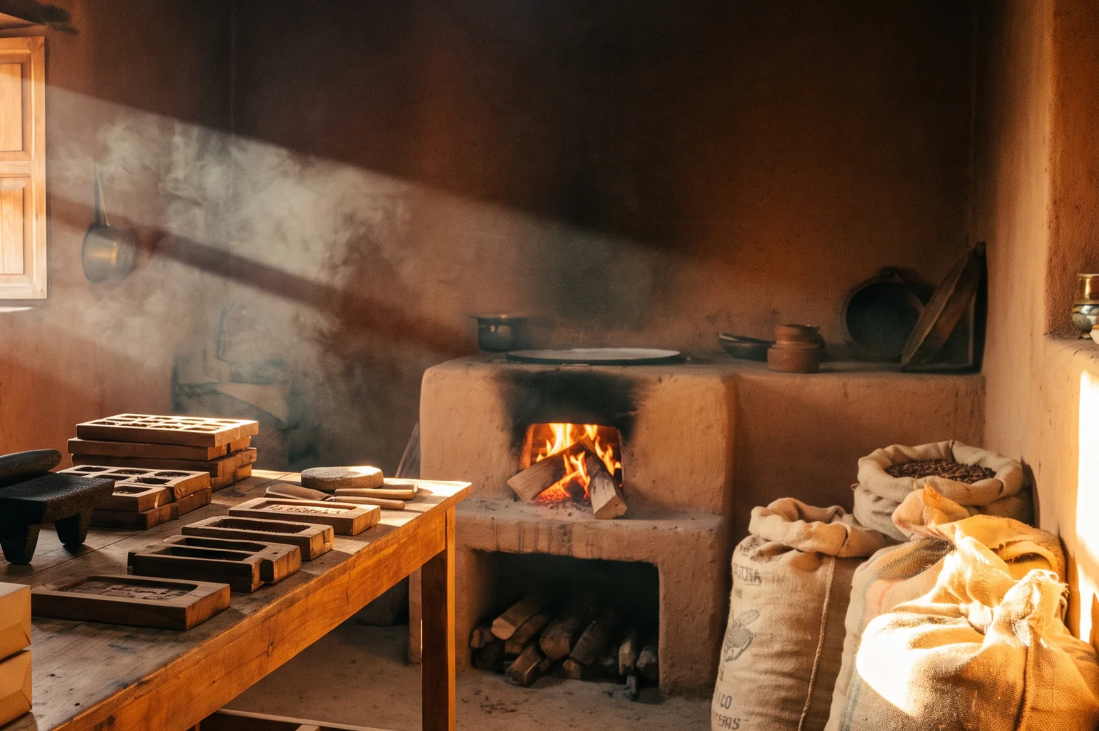 El fogón de adobe encendido en el taller de ÁNIMA, con costales de cacao junto a la pared