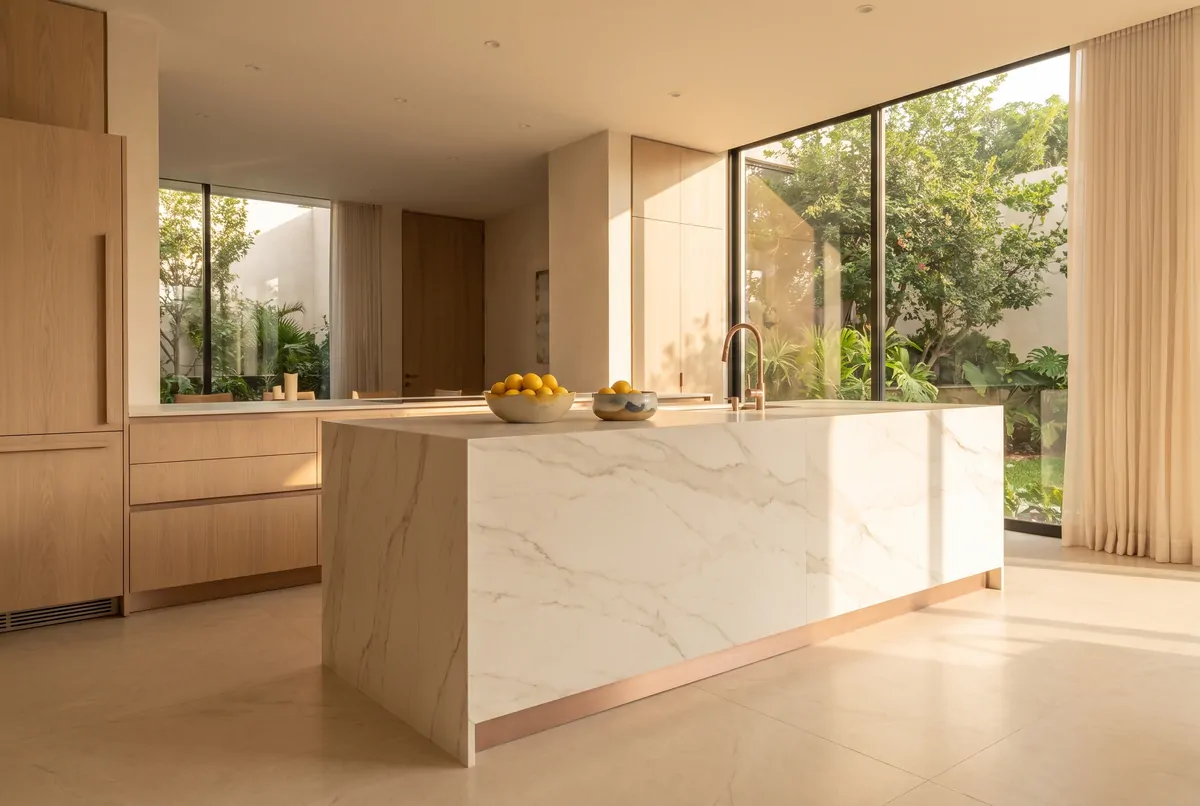 Cocina con isla monolítica de porcelanato efecto mármol blanco de vetas suaves, gabinetes de roble claro y ventanal al jardín