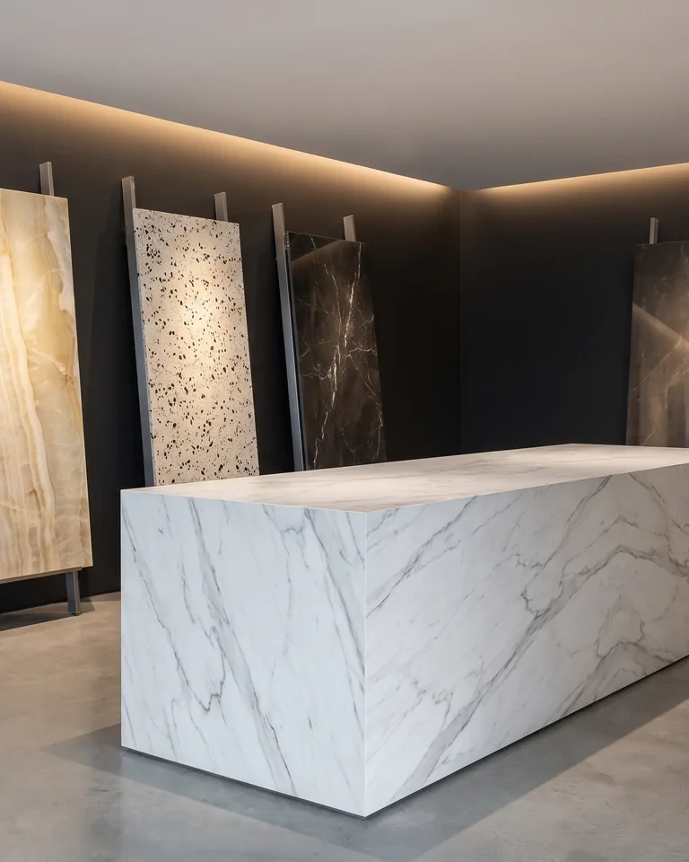 Showroom de muros oscuros con placas verticales de ónix, terrazo y mármol, y una isla de mármol blanco al centro