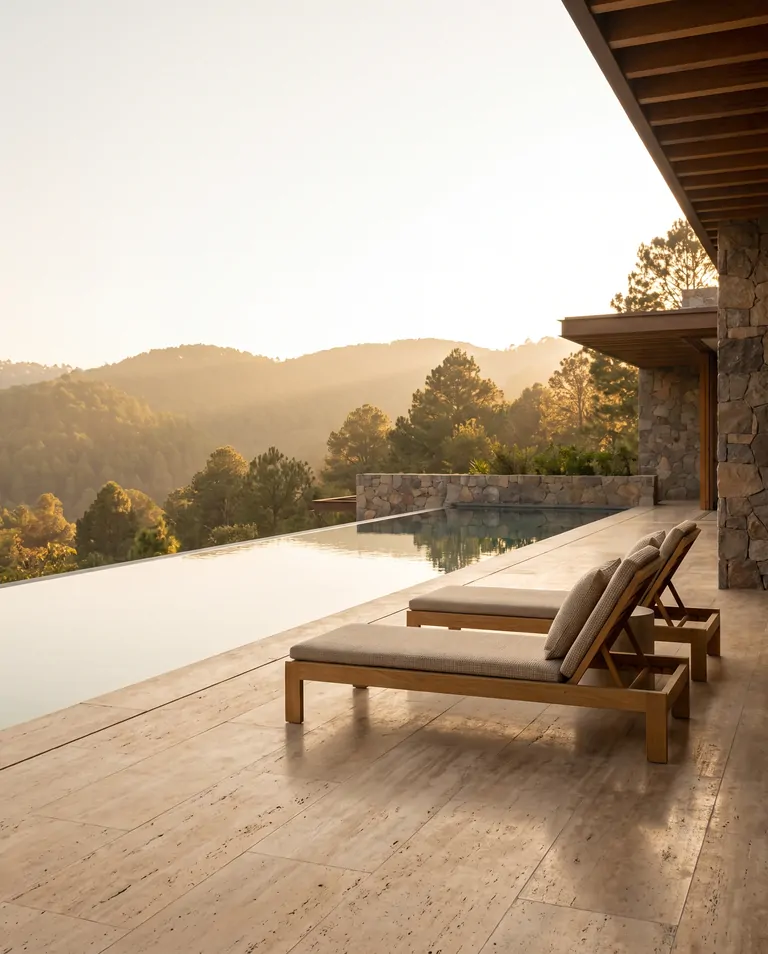 Terraza al atardecer con piso exterior de porcelanato efecto travertino hasta el borde de una alberca infinita