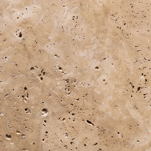 Muestra de porcelanato efecto travertino, beige con poro natural