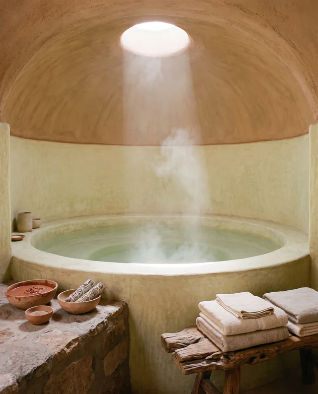 Casa de baños con cúpula de adobe y un haz de luz sobre el agua