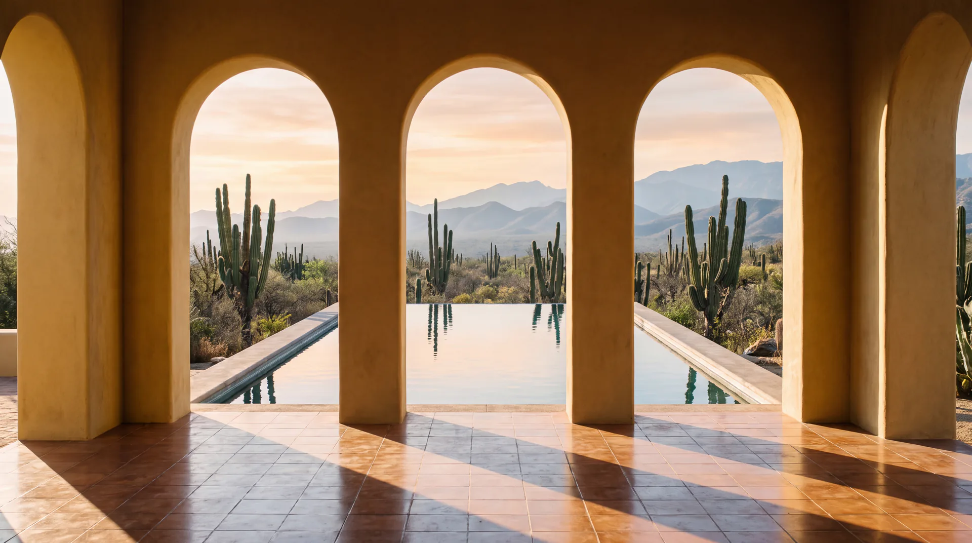 La alberca espejo de Casa Duna vista a través de tres arcos de adobe, con la Sierra de la Laguna al amanecer
