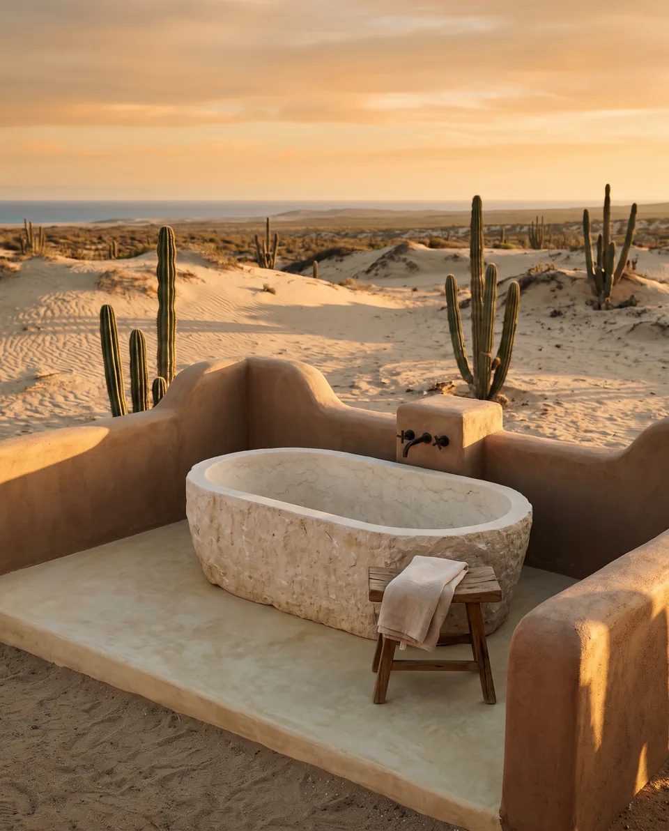 Suite Duna: tina de cantera al aire libre frente a las dunas