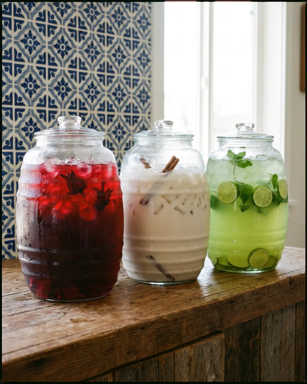 Tres jarras de vidrio con aguas frescas: jamaica, horchata con canela y pepino con limón, sobre una mesa de madera frente a un muro de azulejo.