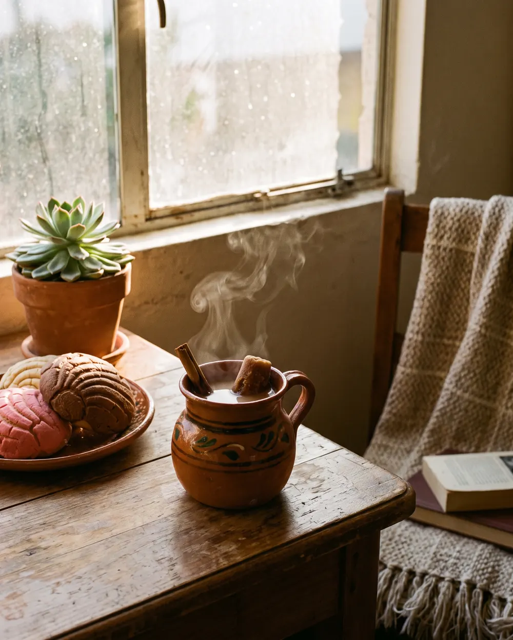 Una jarrita de barro con café de olla y canela, junto a un plato con conchas de pan dulce.