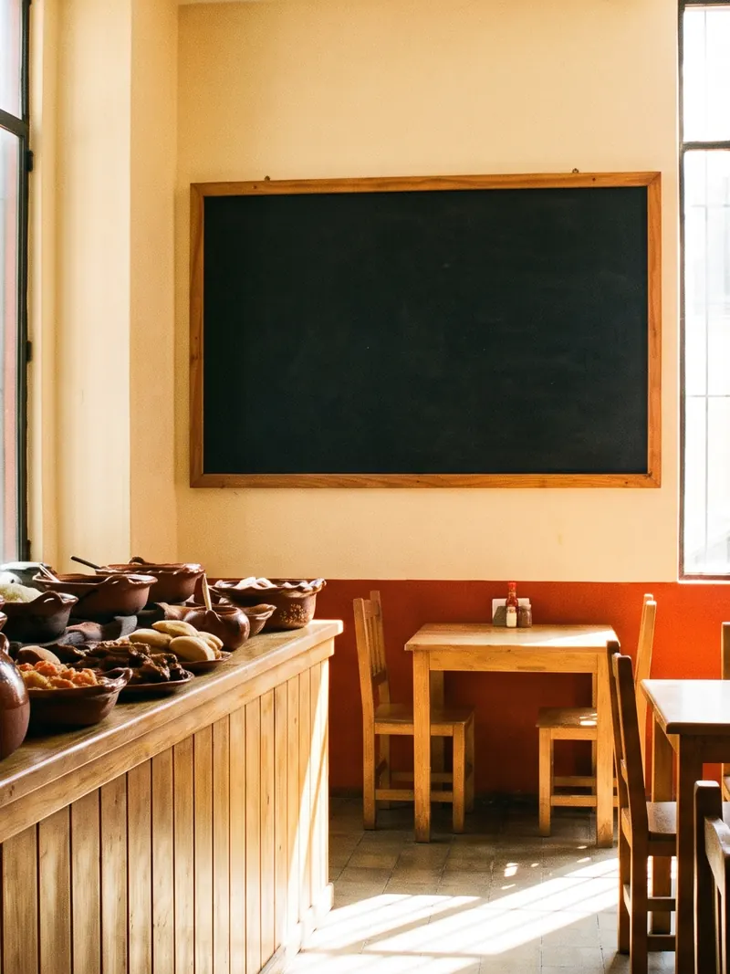 El comedor: barra de madera con cazuelas de barro, pared de azulejo, mesas junto a la ventana y un pizarrón enmarcado con el menú.