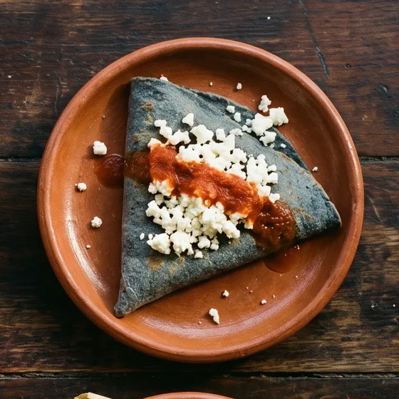 Tetela triangular de masa azul con queso fresco desmoronado y salsa roja, en plato de barro.