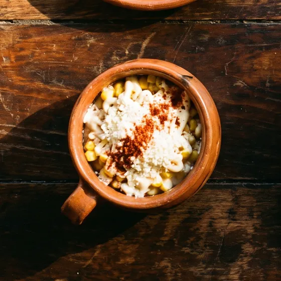 Jarrito de barro con esquites, queso y chile piquín.