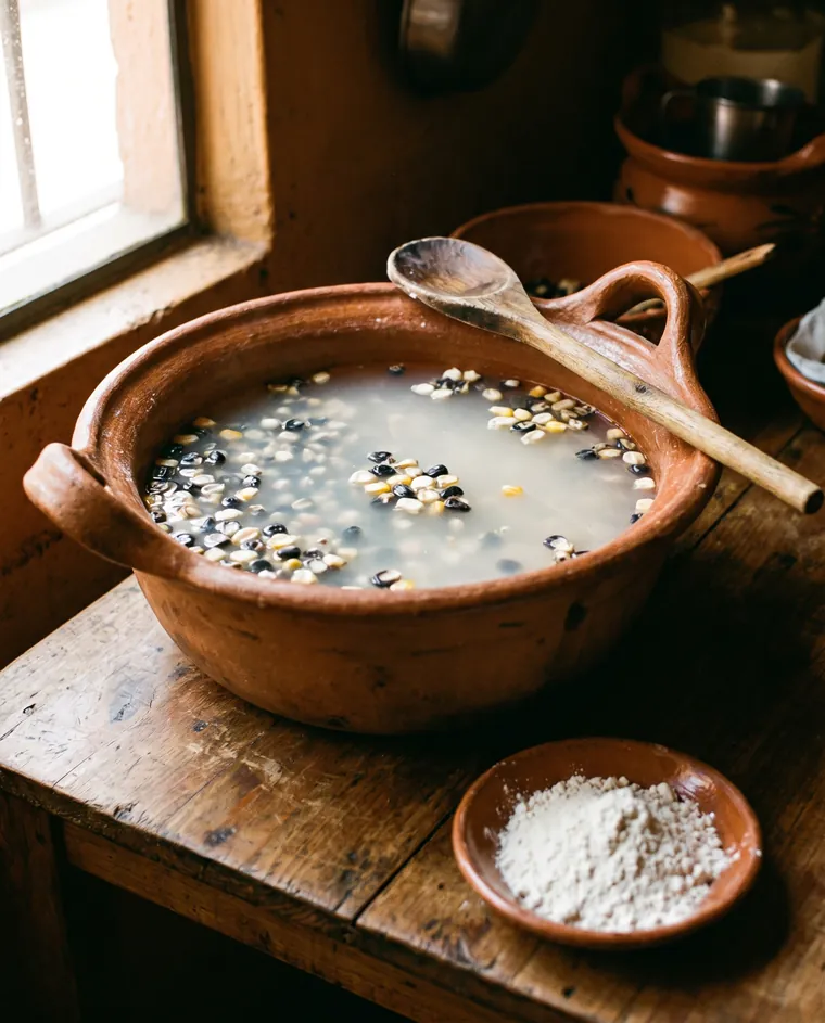 Maíz criollo azul remojando en una olla de barro con agua de cal; al lado, un plato con cal en polvo.