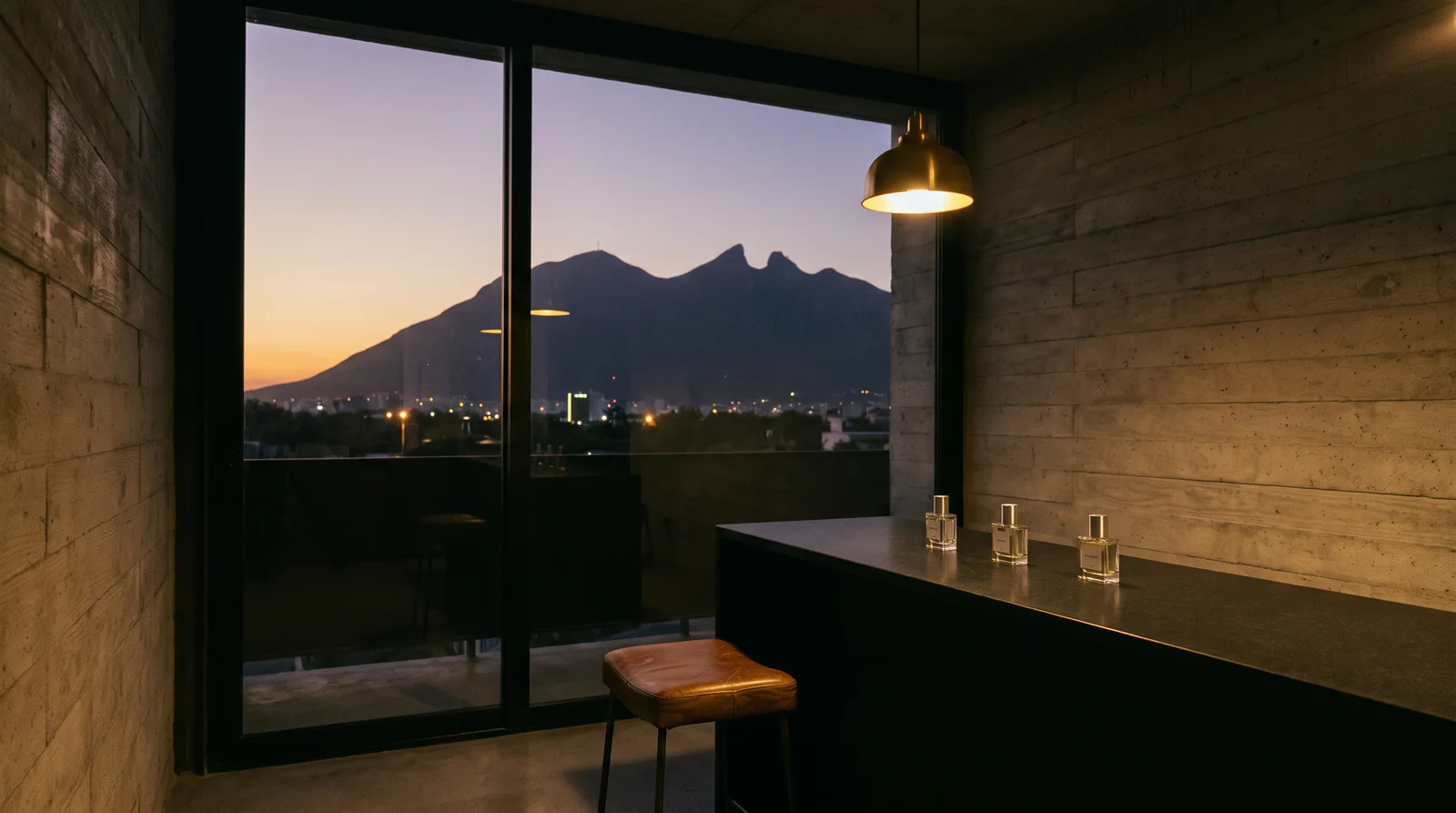 El showroom de NORTE al atardecer: barra de basalto con tres frascos y, tras el ventanal, el Cerro de la Silla