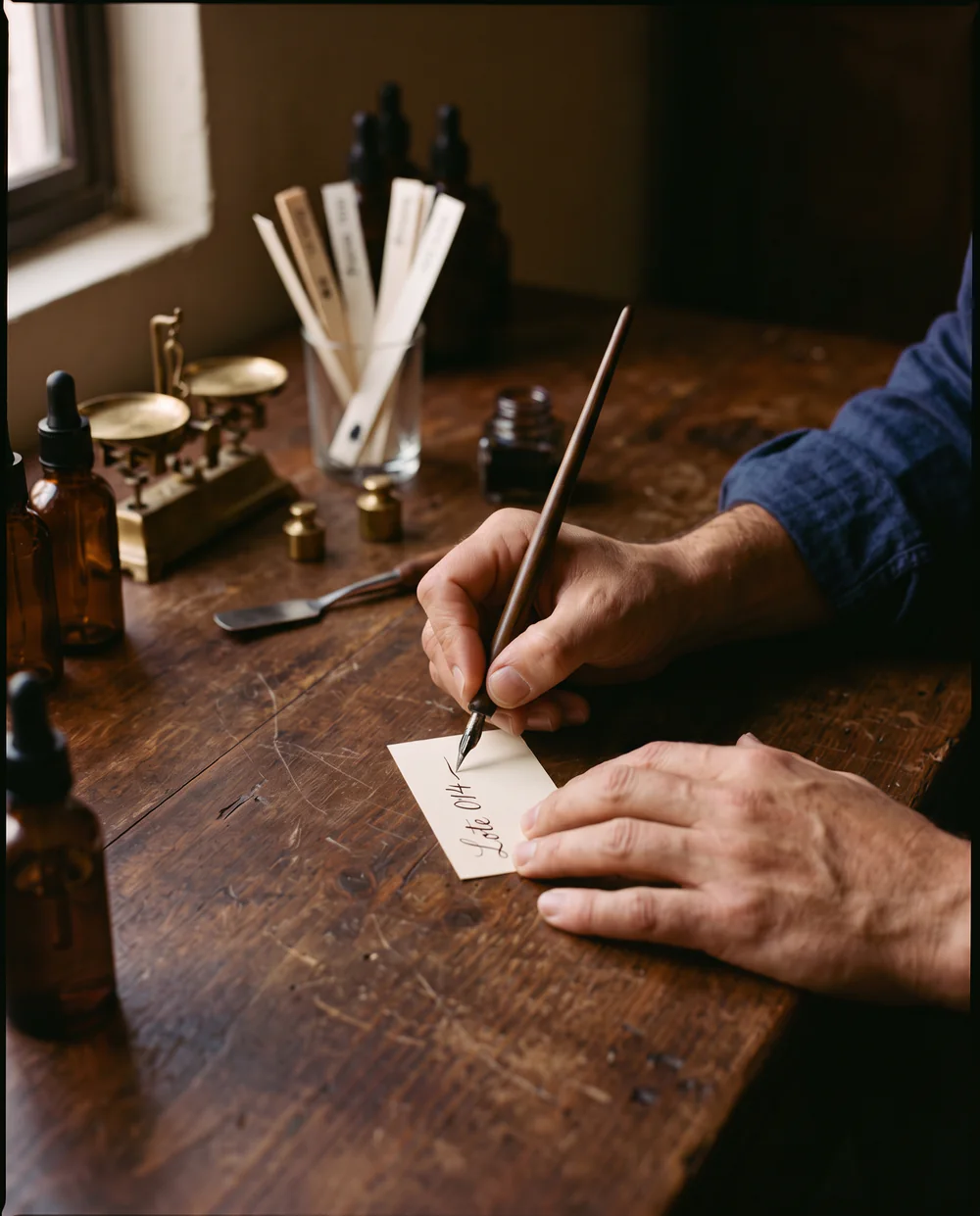Manos de un perfumista escriben a pluma el número de lote en una etiqueta, sobre la mesa de trabajo del taller