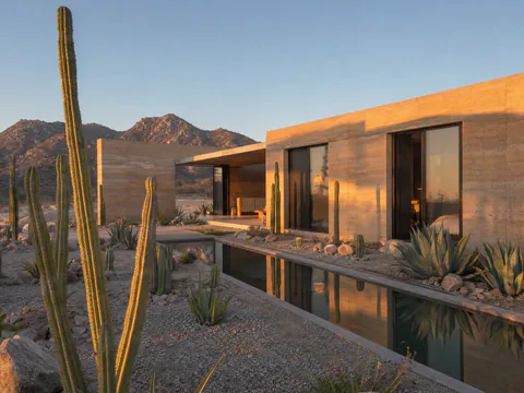 Casa Cardón: muros de tierra compactada, espejo de agua y jardín de cardones y agaves frente a la sierra de Todos Santos, con la última luz de la tarde