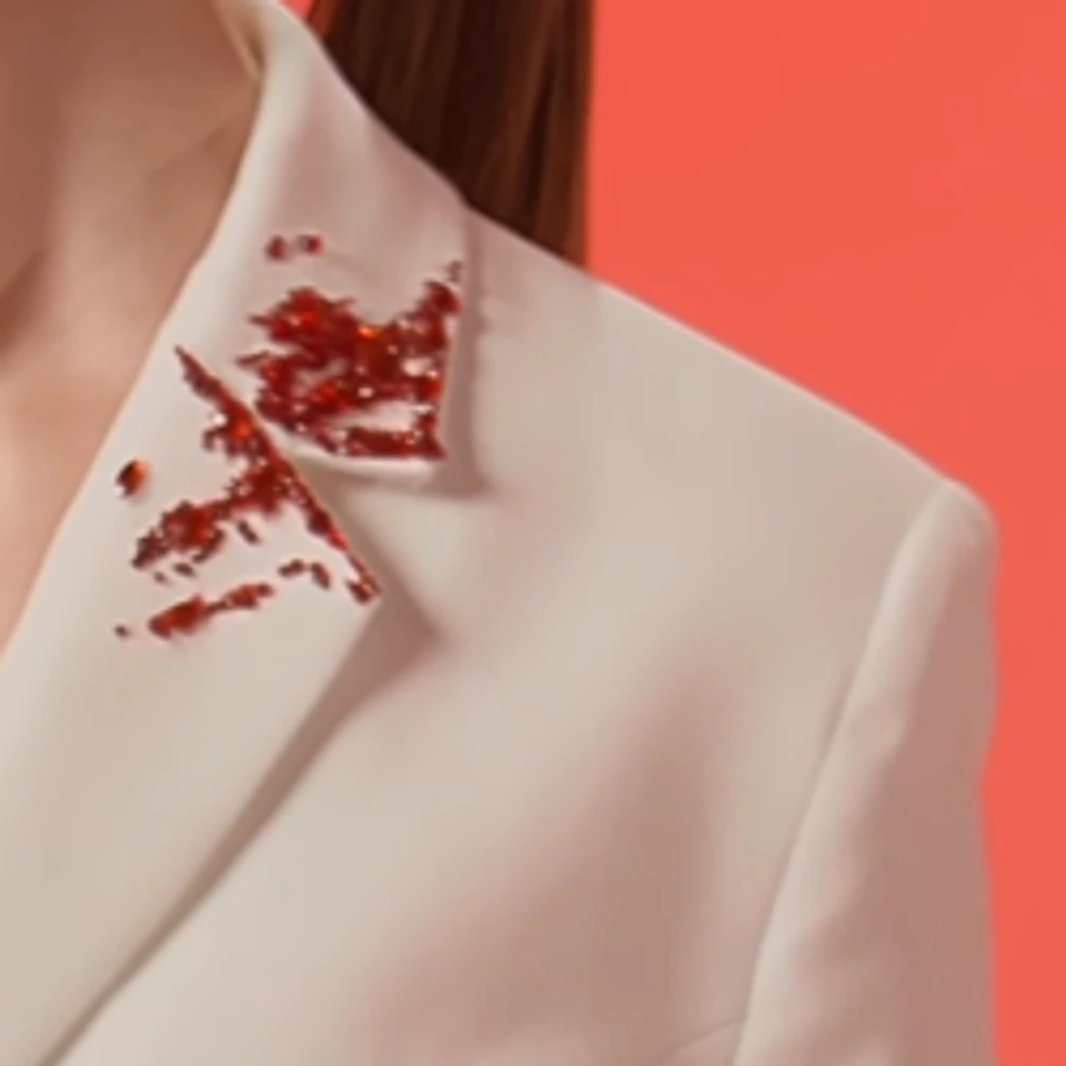 Muestra de lana con cristal rojo bordado