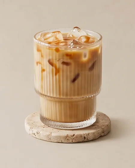 Latte frío de cajeta en vaso de cristal acanalado con hielo