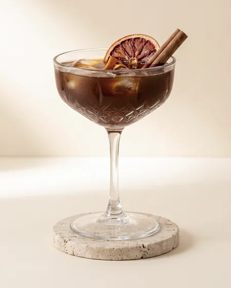 Bebida de temporada en copa de cristal tallado con naranja sanguina deshidratada y canela, sobre posavasos de travertino