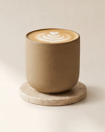 Flat white con arte latte en taza de cerámica arena