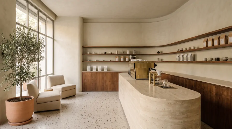 Interior de la sucursal insignia: barra curva de travertino, máquina de espresso dorada, repisas de nogal y un olivo junto al ventanal